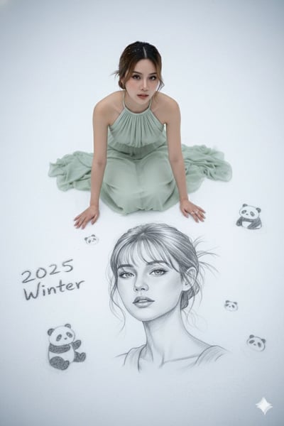 Winter Snow Pencil Sketch Portrait with Kneeling Woman (9:16 Ultra-Realistic) thumbnail