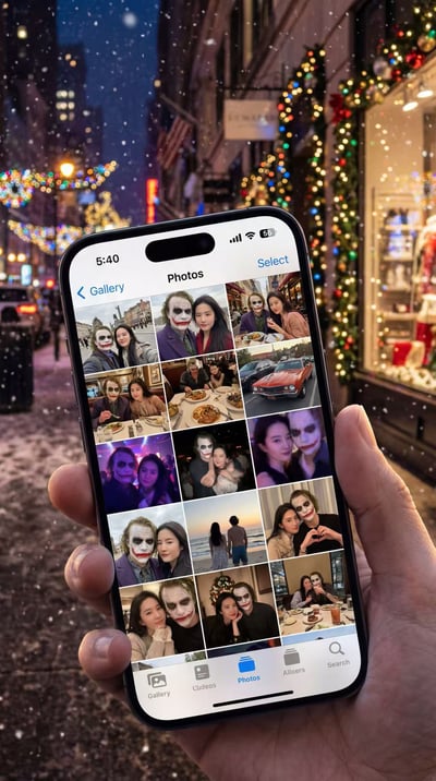Realistic iOS Photos App Grid on iPhone in Hand, Christmas City Night thumbnail