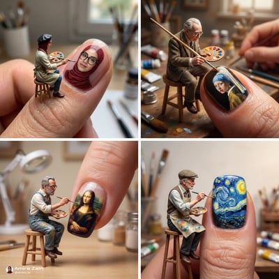 Hyper-Realistic Miniature Artist Painting on a Giant Fingernail thumbnail
