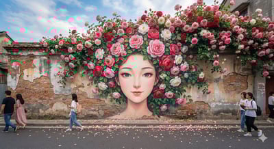 Photorealistic Chinese-Style Street Mural Portrait with Rose Crown thumbnail