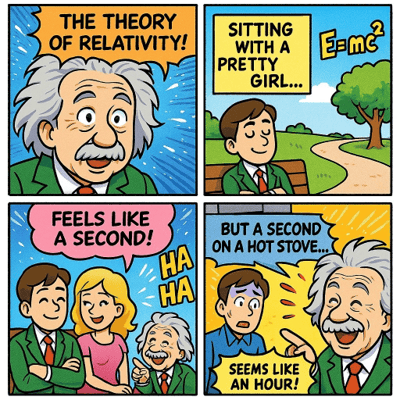 Colorful Four-Panel Manga Page About the Theory of Relativity (Humorous) thumbnail
