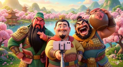 Pixar-Style 3D Animated Selfie Scene with Liu Bei, Zhang Fei, and Guan Yu thumbnail