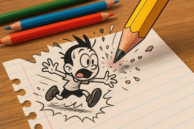 Paper Cartoon Character Escaping a Giant Pencil Eraser Scene thumbnail