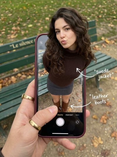 Photorealistic Optical Illusion: Woman Stepping Out of an iOS Camera Screen thumbnail
