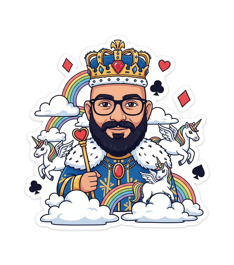 Create AI stickers that turn you into royalty – kings, queens, princes, or princesses – with unicorns, rainbows, and magical elements. Perfect for playful custom sticker packs.